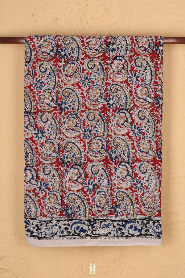 Kalamkari Cotton Saree In Red With Paisley Design