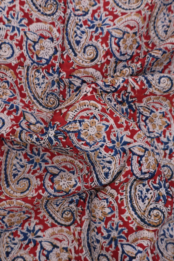 Kalamkari Cotton Saree In Red With Paisley Design