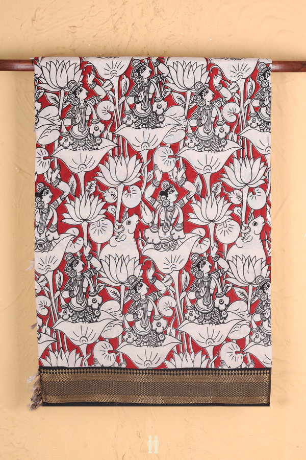 Kalamkari Cotton Saree In Red With Printed Design