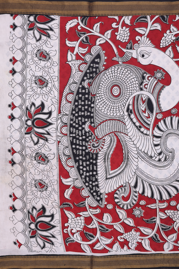 Kalamkari Cotton Saree In Red With Printed Design
