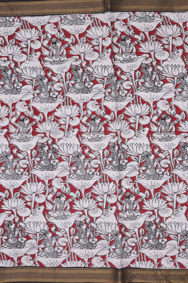 Kalamkari Cotton Saree In Red With Printed Design