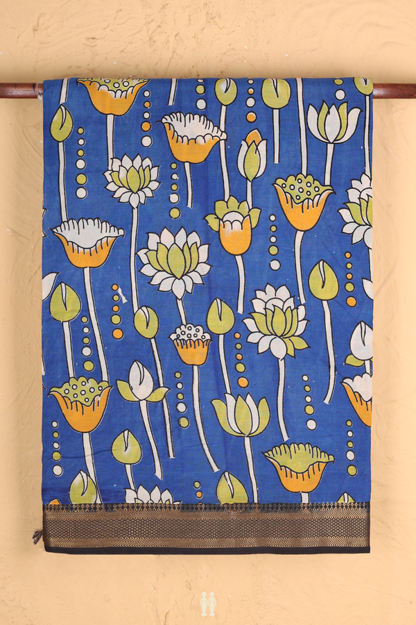 Kalamkari Cotton Saree In Royal Blue With Floral Design