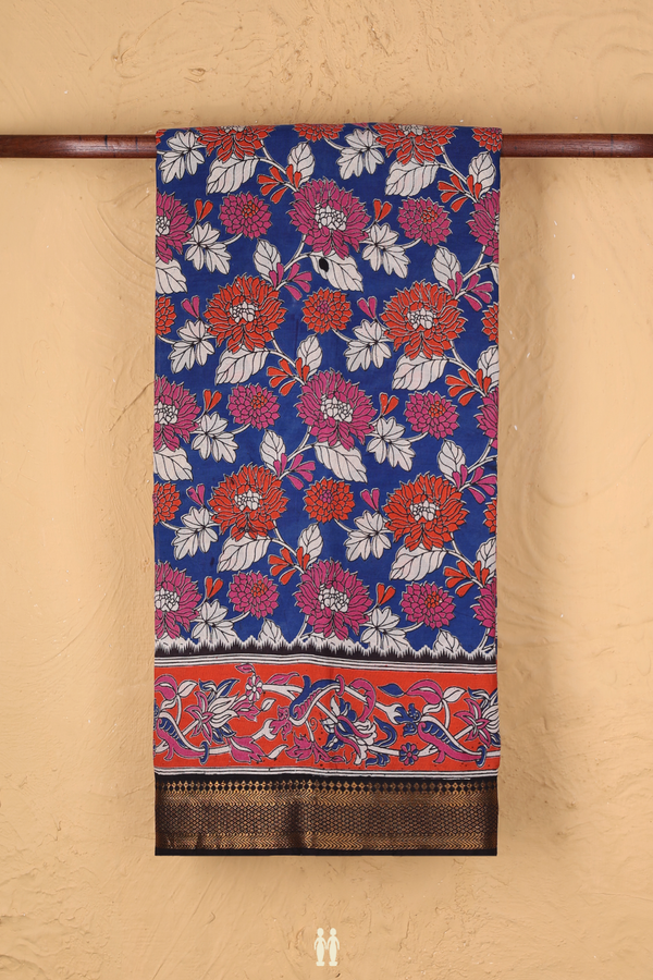 Kalamkari Cotton Saree In Royal Blue With Floral Design