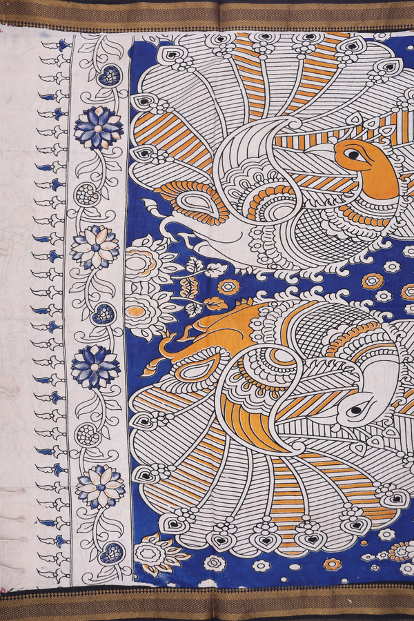 Kalamkari Cotton Saree In Royal Blue With Floral Design