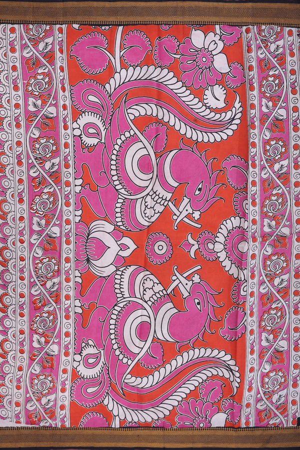 Kalamkari Cotton Saree In Royal Blue With Floral Design