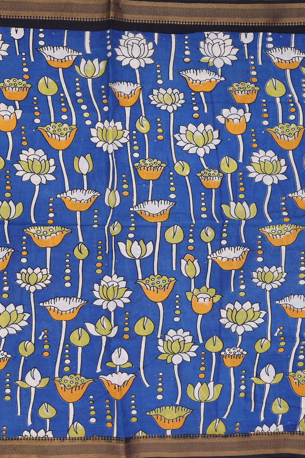 Kalamkari Cotton Saree In Royal Blue With Floral Design