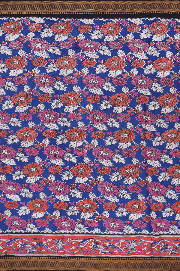 Kalamkari Cotton Saree In Royal Blue With Floral Design