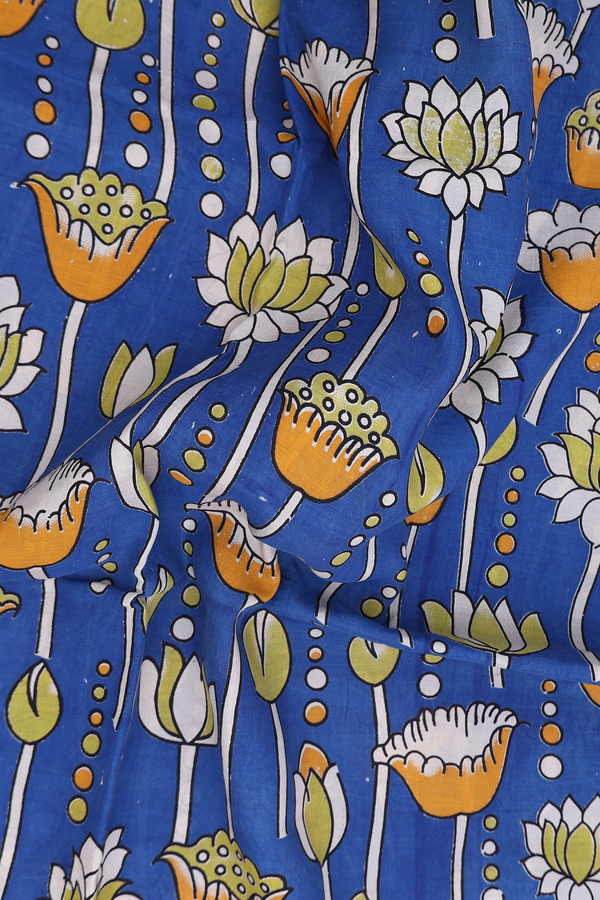 Kalamkari Cotton Saree In Royal Blue With Floral Design