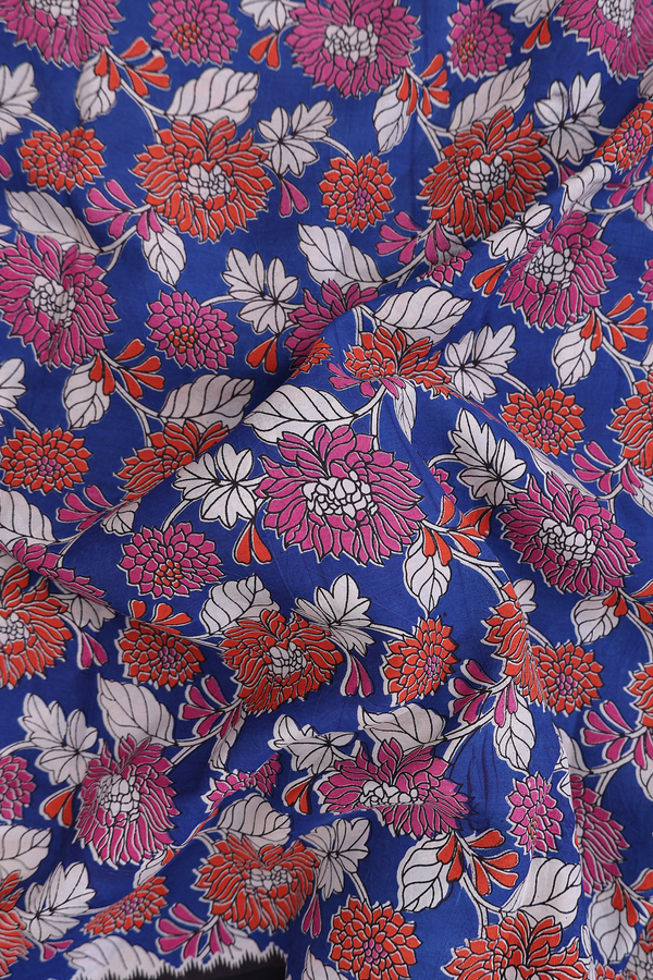 Kalamkari Cotton Saree In Royal Blue With Floral Design