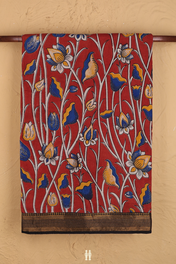 Kalamkari Cotton Saree In Rust Red With Floral Design
