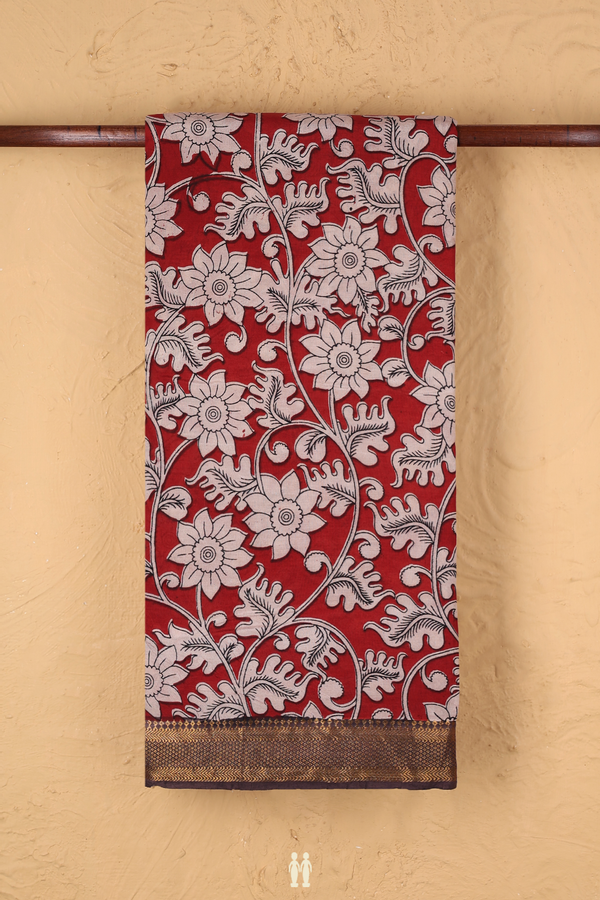 Kalamkari Cotton Saree In Rust Red With Floral Design