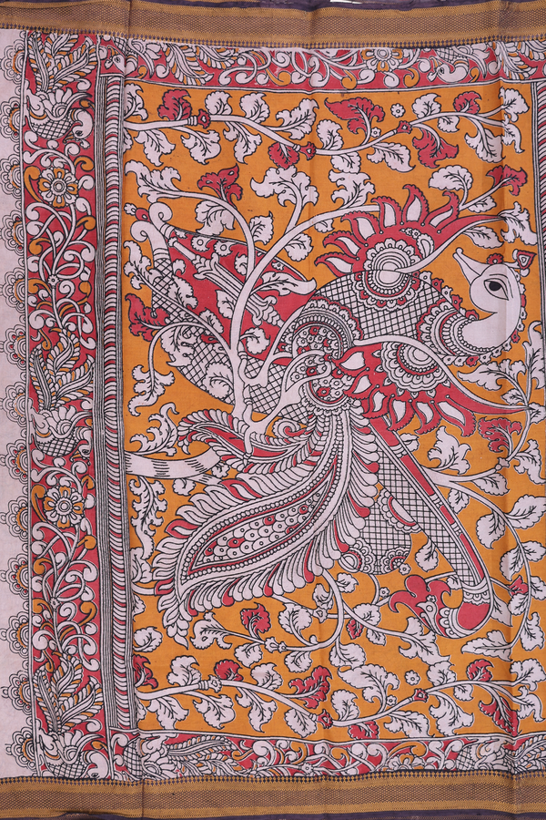 Kalamkari Cotton Saree In Rust Red With Floral Design