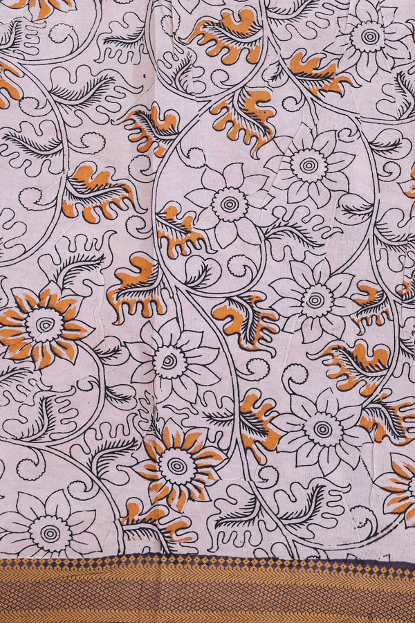 Kalamkari Cotton Saree In Rust Red With Floral Design