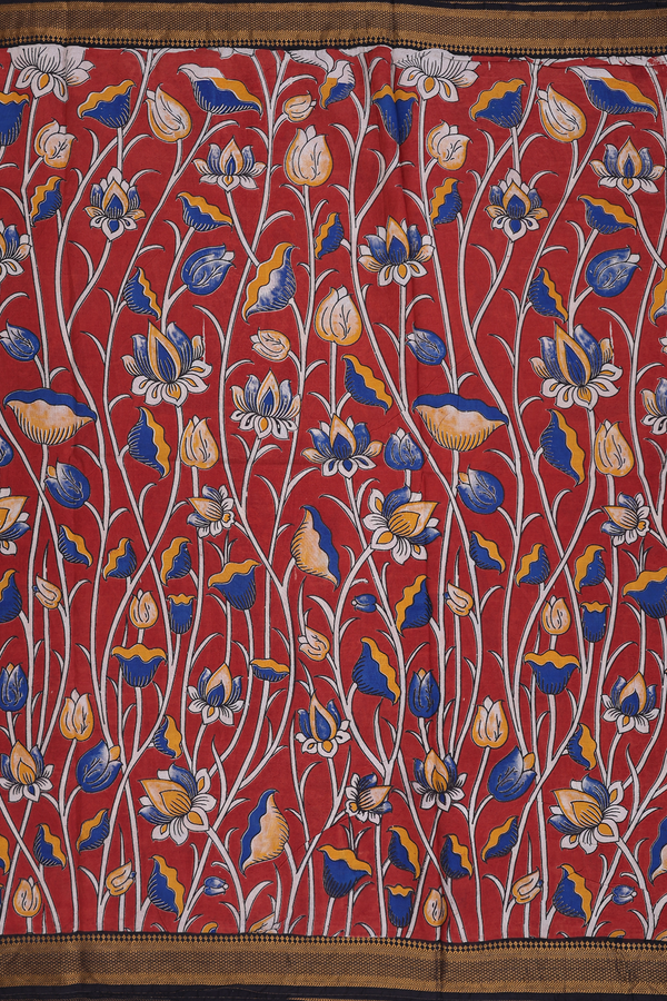 Kalamkari Cotton Saree In Rust Red With Floral Design