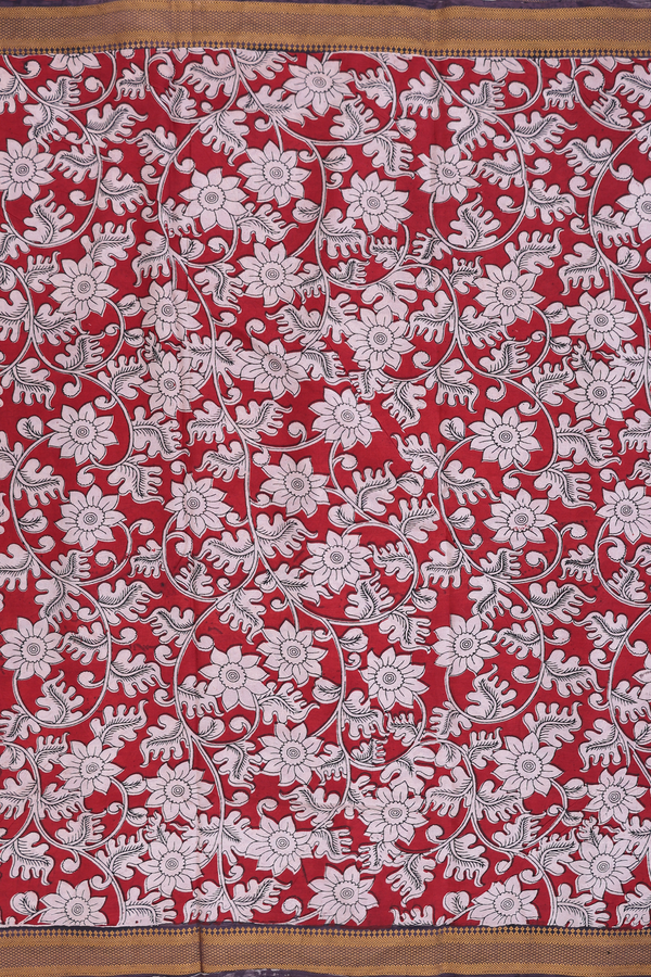 Kalamkari Cotton Saree In Rust Red With Floral Design