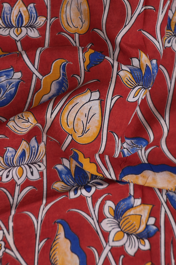Kalamkari Cotton Saree In Rust Red With Floral Design