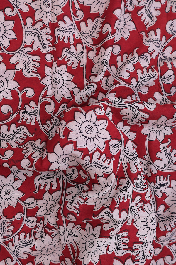 Kalamkari Cotton Saree In Rust Red With Floral Design