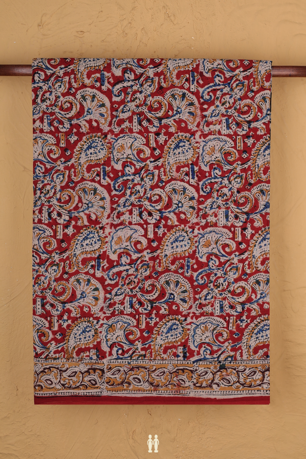 Kalamkari Cotton Saree In Rust Red With Printed Design
