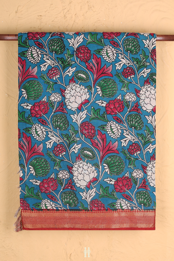Kalamkari Cotton Saree In Teal Blue With Printed Design
