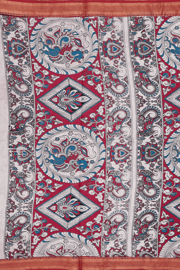 Kalamkari Cotton Saree In Teal Blue With Printed Design