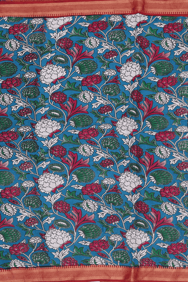 Kalamkari Cotton Saree In Teal Blue With Printed Design