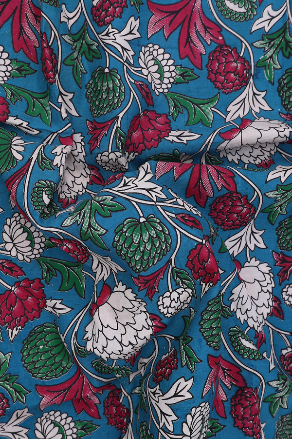Kalamkari Cotton Saree In Teal Blue With Printed Design
