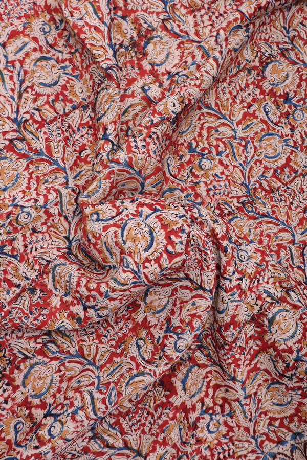 Kalamkari Cotton Saree In Vermillion Red With Floral Design