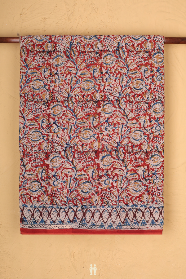 Kalamkari Cotton Saree In Vermillion Red With Floral Design