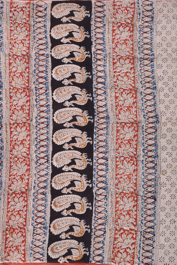 Kalamkari Cotton Saree In Vermillion Red With Floral Design