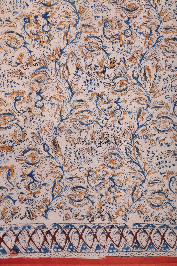 Kalamkari Cotton Saree In Vermillion Red With Floral Design