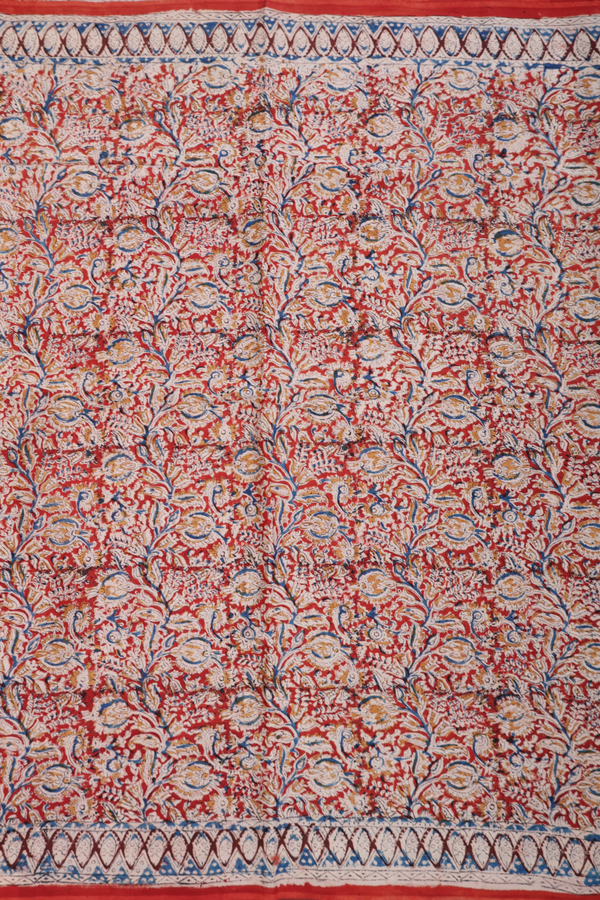 Kalamkari Cotton Saree In Vermillion Red With Floral Design