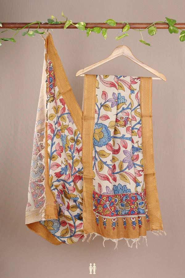 Floral Hand Painted Beige Kalamkari Cotton Dupatta