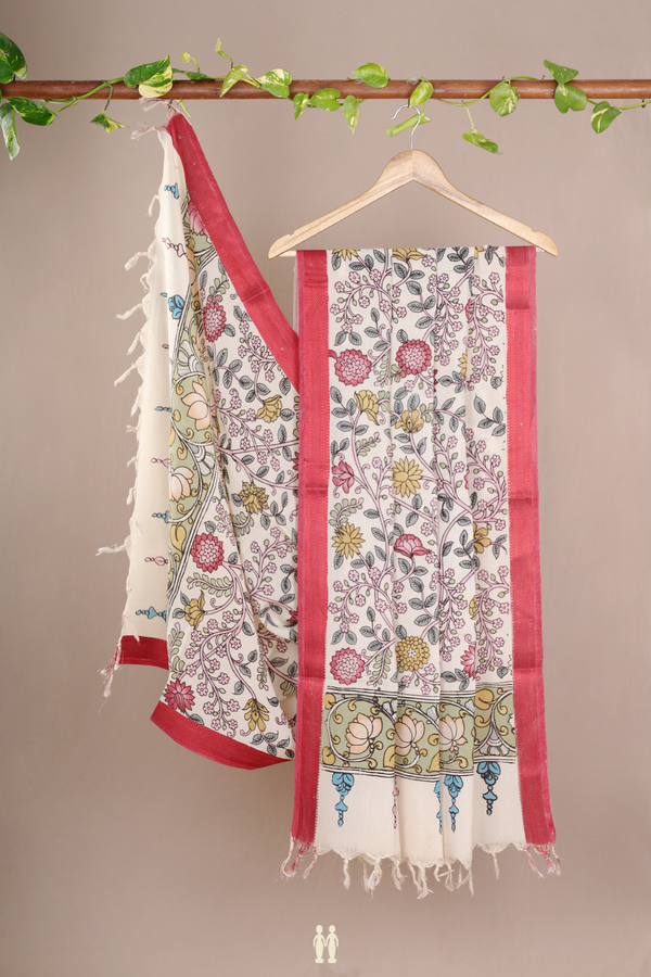 Floral Hand Painted Beige Kalamkari Cotton Dupatta