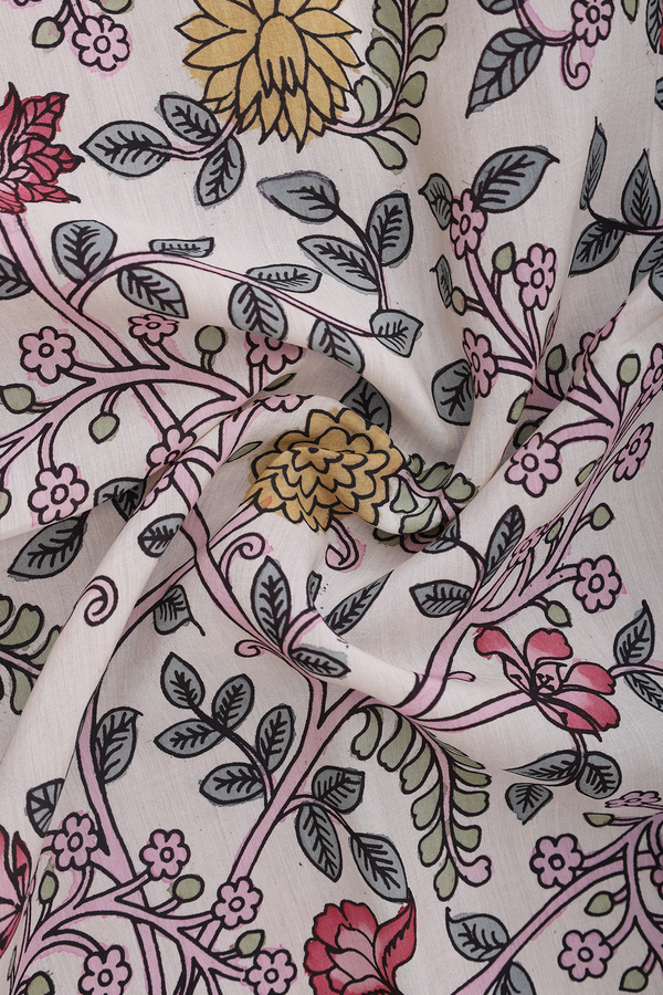 Floral Hand Painted Beige Kalamkari Cotton Dupatta