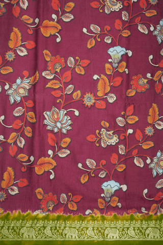 Kalamkari Printed Hibiscus Red Bandhani Gaji Silk Saree