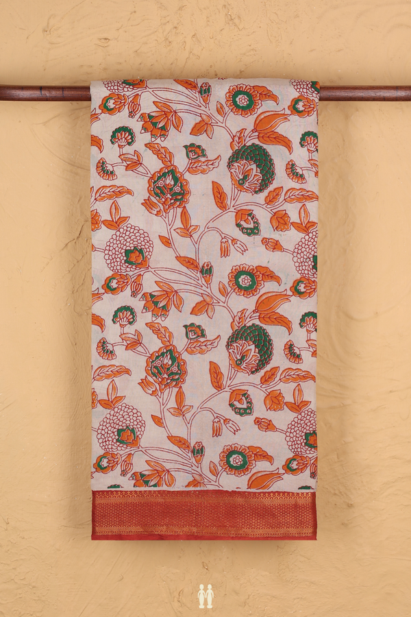 Kalamkari Silk Cotton Saree In Ivory With Floral Design