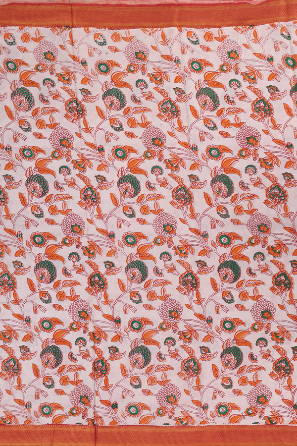 Kalamkari Silk Cotton Saree In Ivory With Floral Design