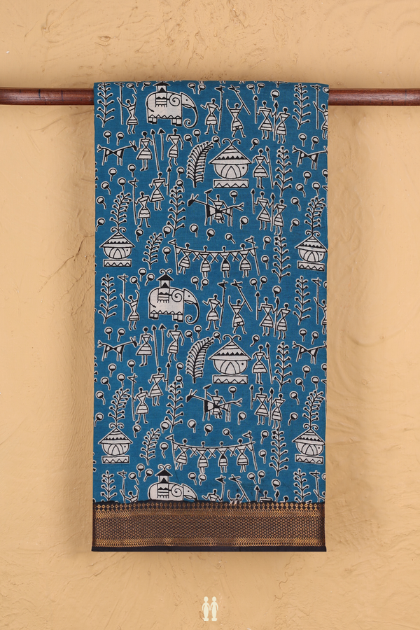 Kalamkari Silk Cotton Saree In Teal Blue With Warli Design