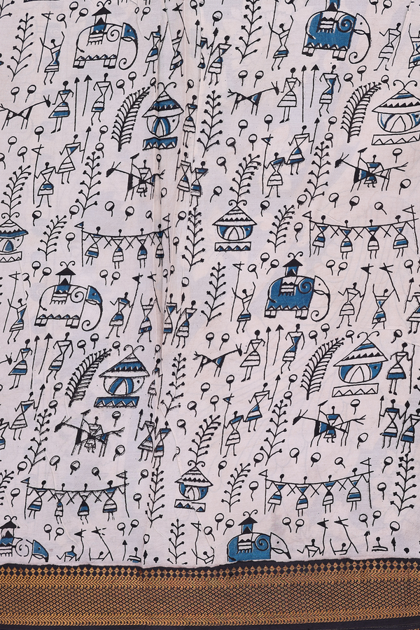 Kalamkari Silk Cotton Saree In Teal Blue With Warli Design