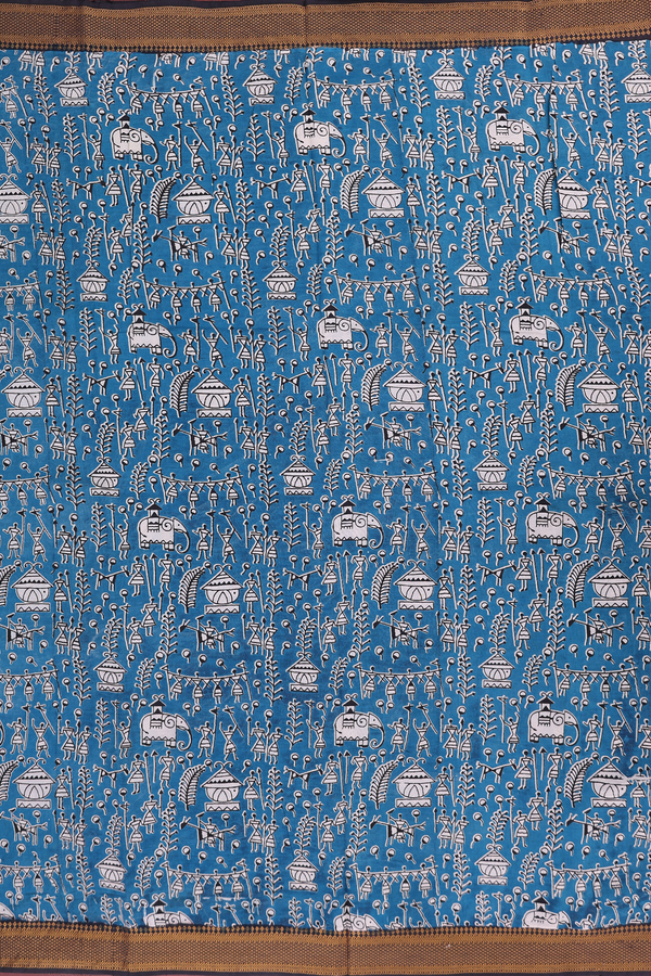 Kalamkari Silk Cotton Saree In Teal Blue With Warli Design
