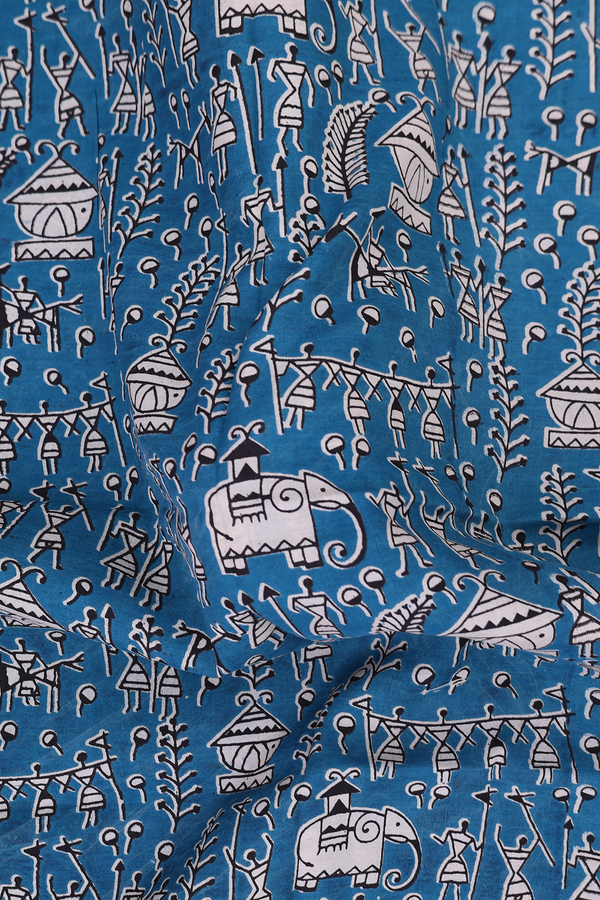 Kalamkari Silk Cotton Saree In Teal Blue With Warli Design