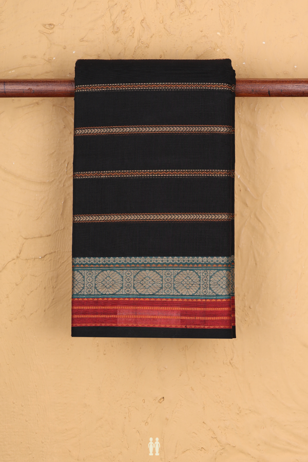 Kanchi Cotton Saree In Black With Stripes Design