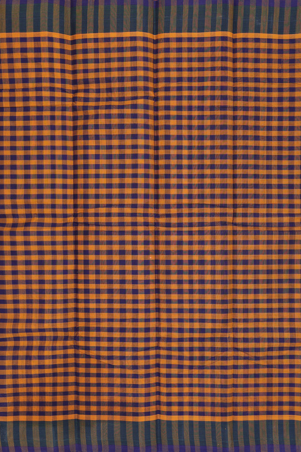 Kanchi Cotton Saree In Blue And Mustard With Checks Design