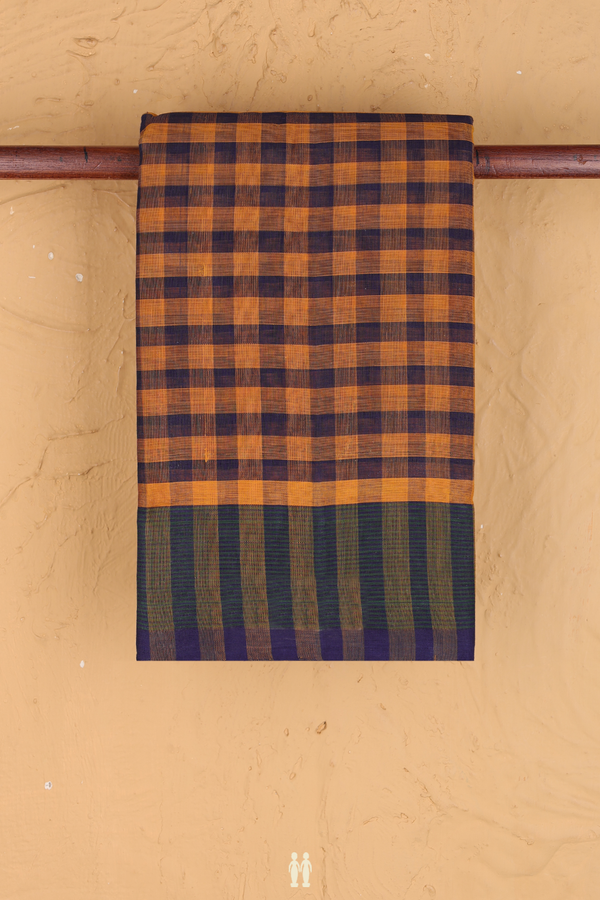 Kanchi Cotton Saree In Blue And Mustard With Checks Design