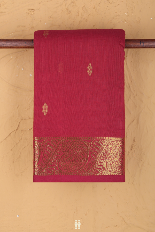 Kanchi Cotton Saree In Blush Red With Floral Buttas