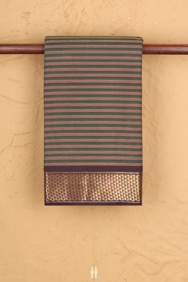 Kanchi Cotton Saree In Brown And Green With Stripes Design