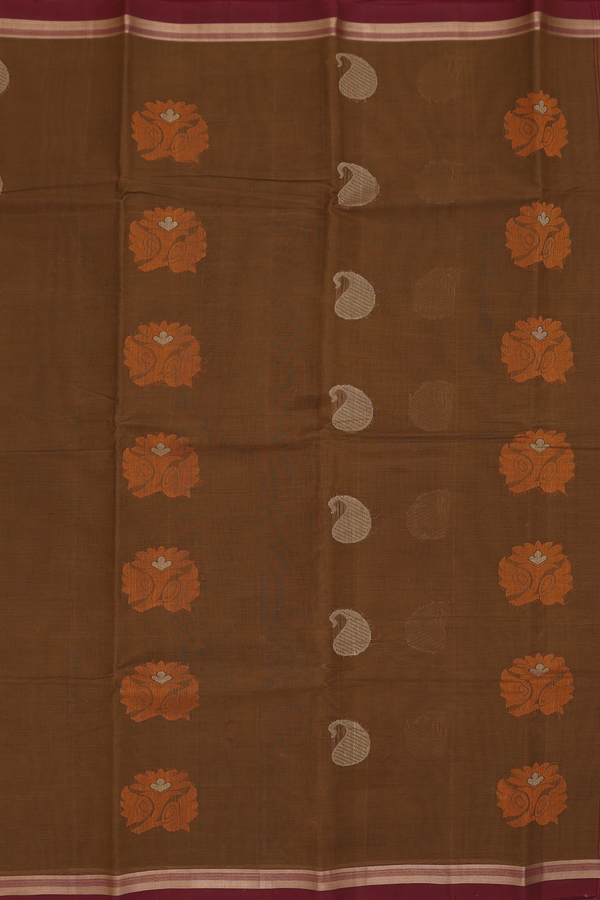 Kanchi Cotton Saree In Brown With Floral Motifs