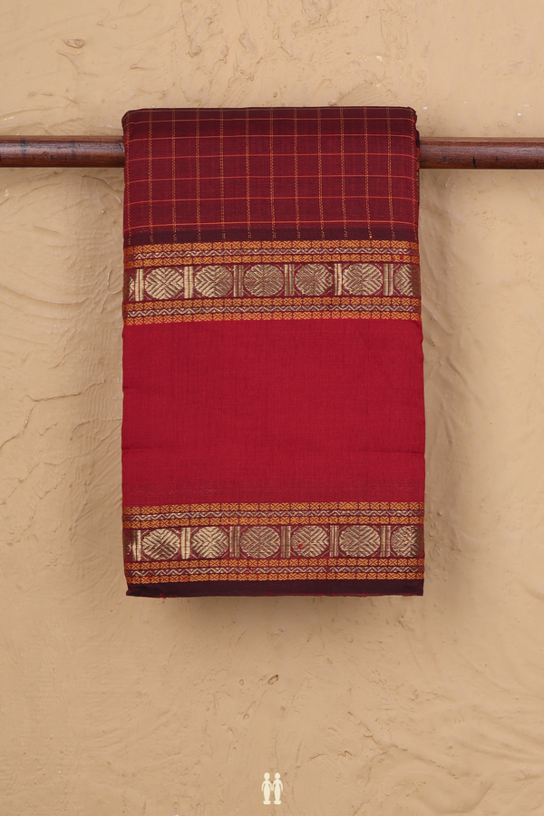 Kanchi Cotton Saree In Burgundy Red With Checks Design