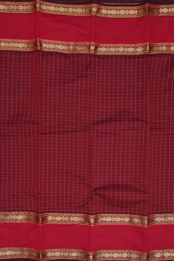 Kanchi Cotton Saree In Burgundy Red With Checks Design