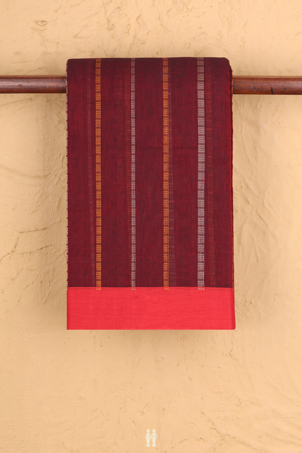 Kanchi Cotton Saree In Burgundy Red With Stripes Design